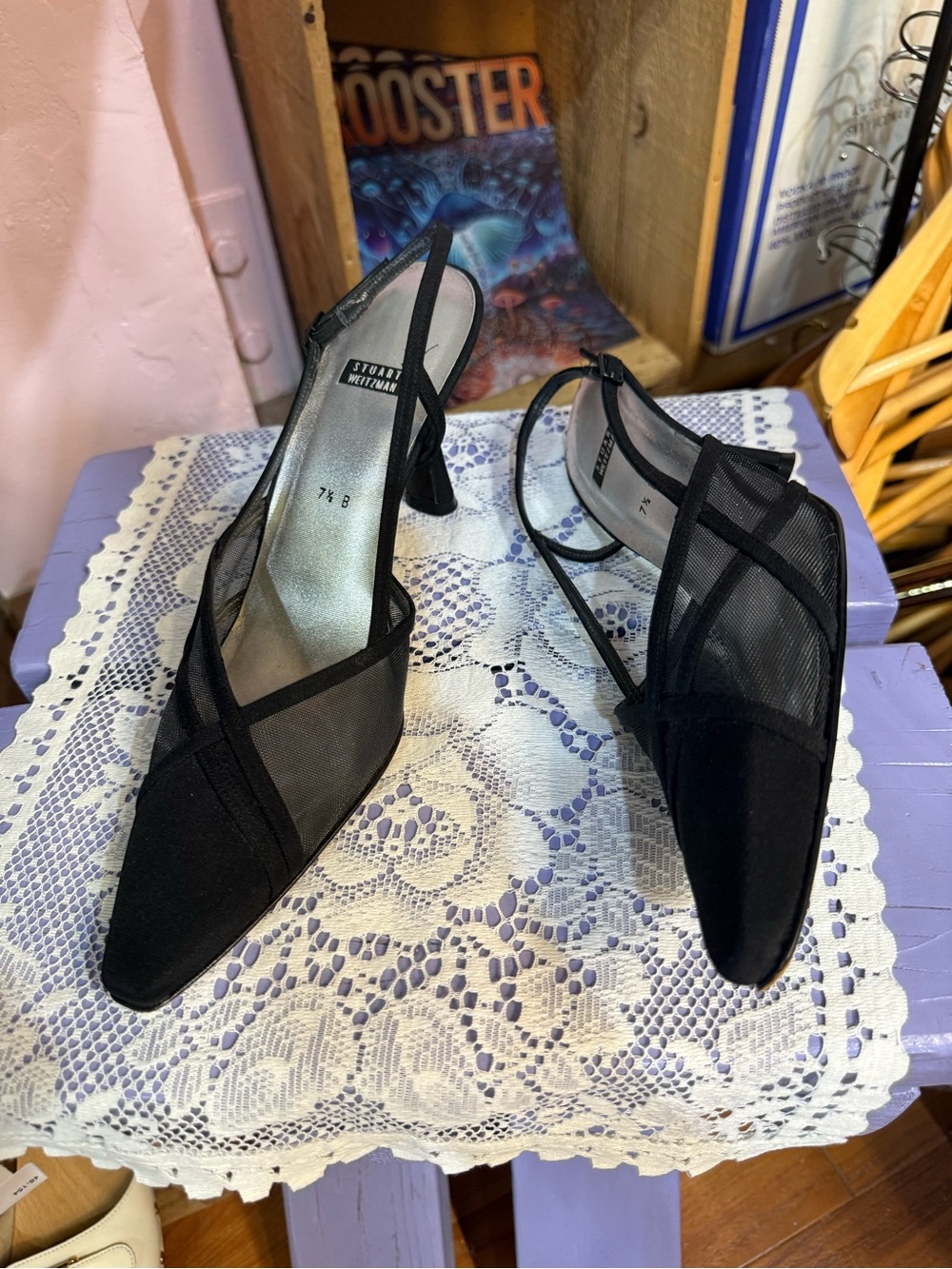 Stuart Weitzman Black Mesh Pointed Slingback Heels size 7.5 - Picture 4 of 11